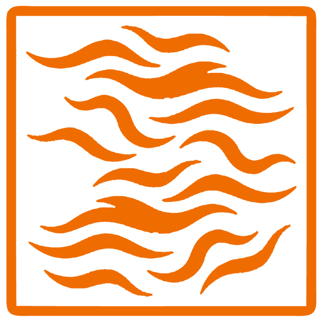 Safety warning sign with orange wavy lines on black background, indicating a warning for flames or fire hazard.