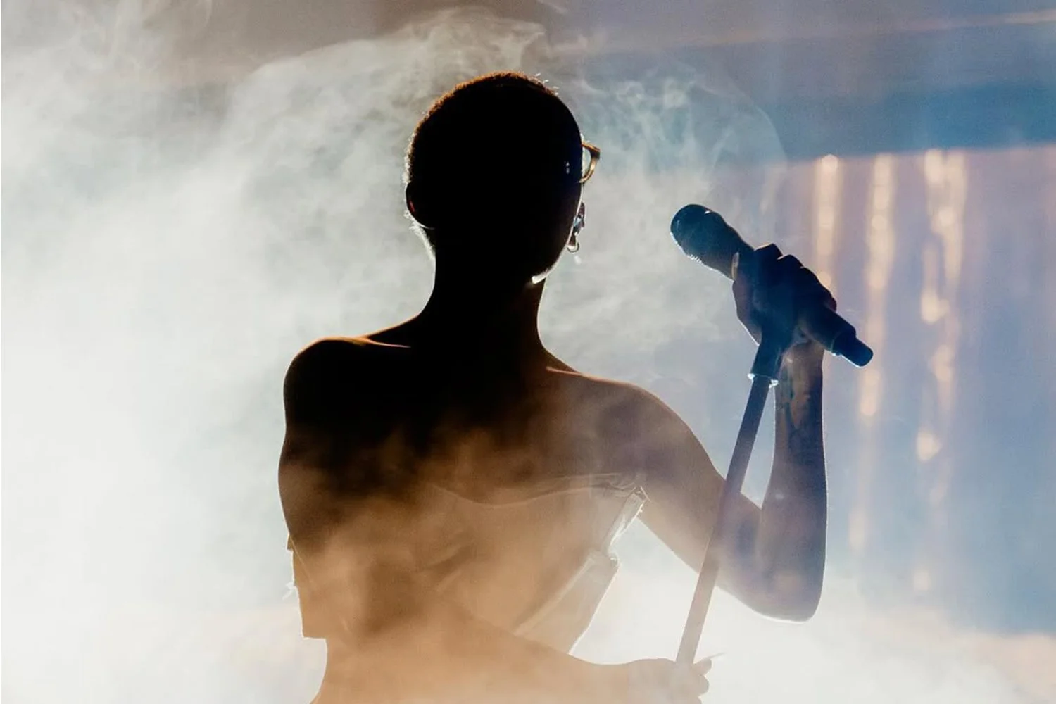 Silhouette of a woman holding a microphone, with stage lights and smoke in the background.