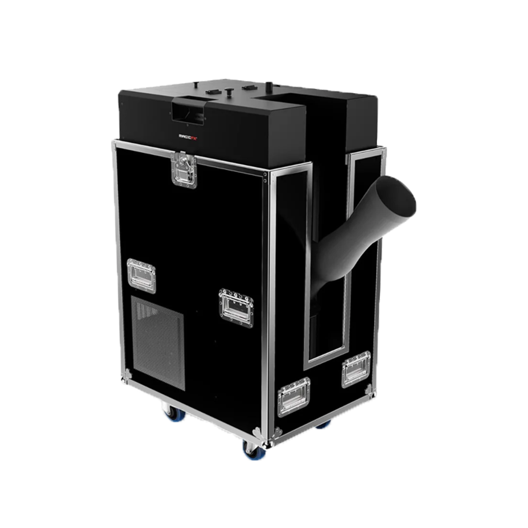 A mobile fog machine enclosed in a black and silver case with wheels. It has a large exhaust pipe on one side and control dials on the top.