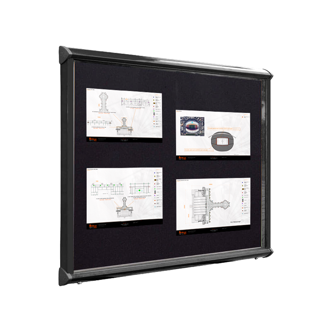 Black display board with four technical diagrams or blueprints pinned to a black background.