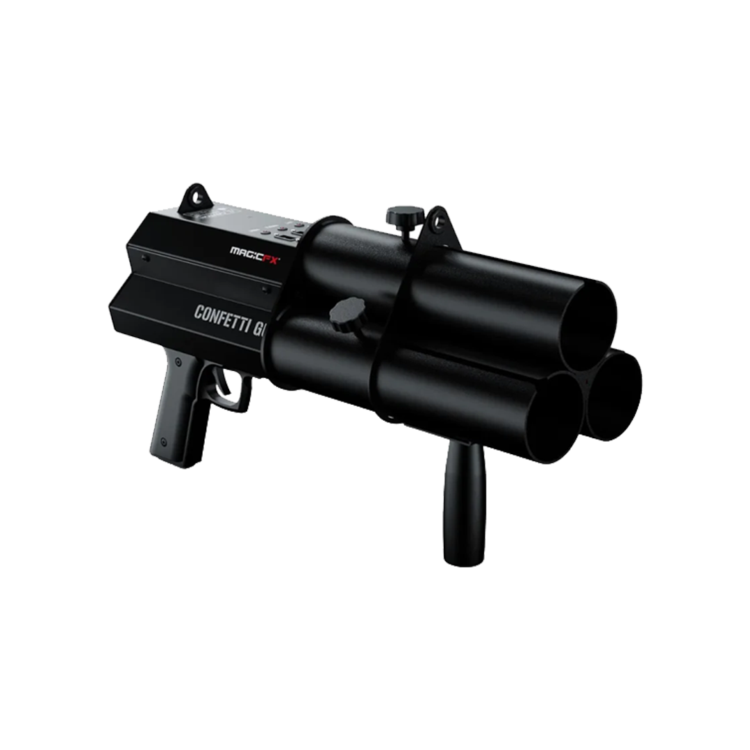 A black Confetti Gun toy that shoots confetti, with a handle, barrel, and trigger, designed for celebrations.