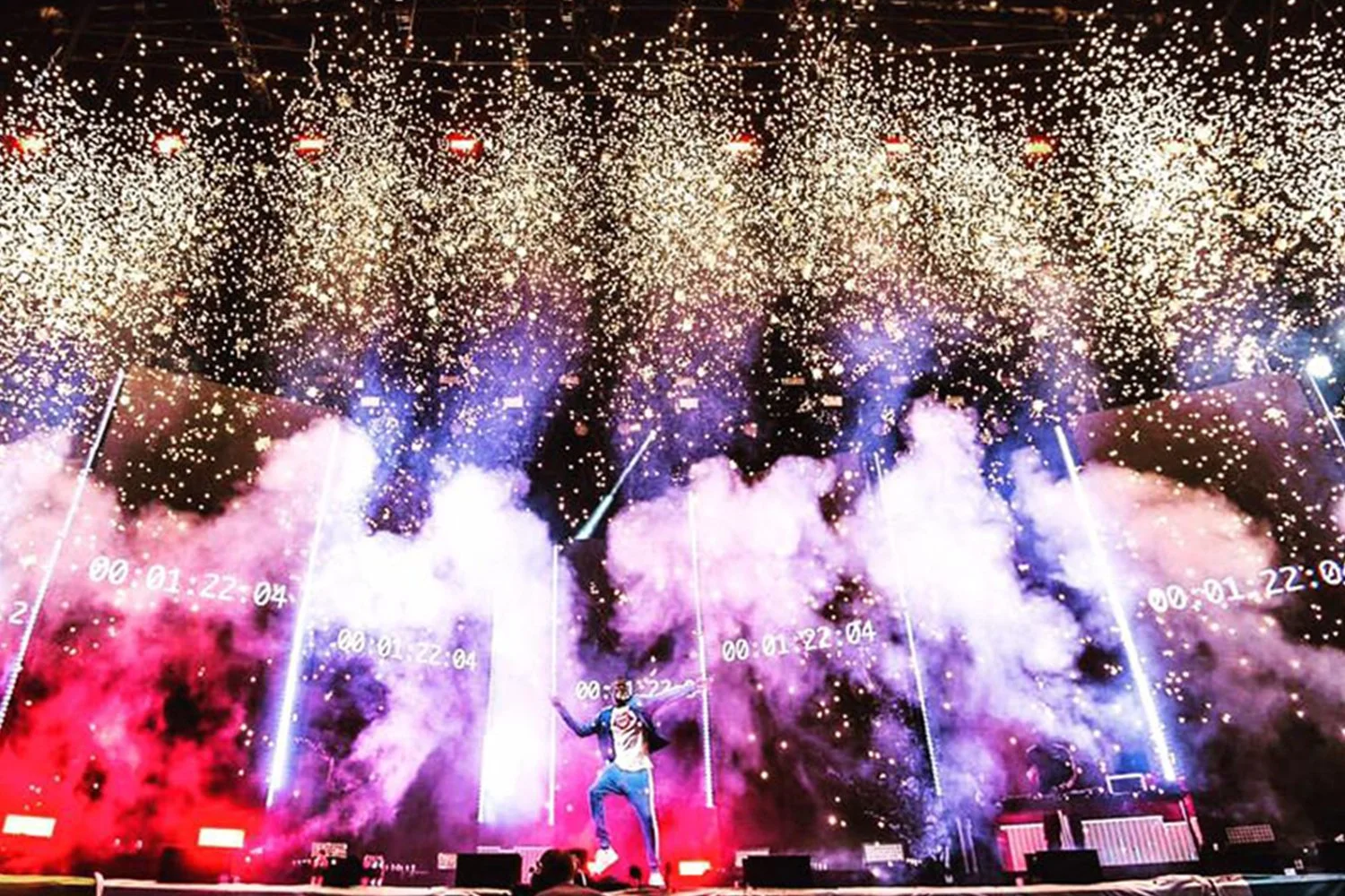 A stage with a performer, surrounded by colorful smoke and pyrotechnics, with sparklers and bright lights overhead.