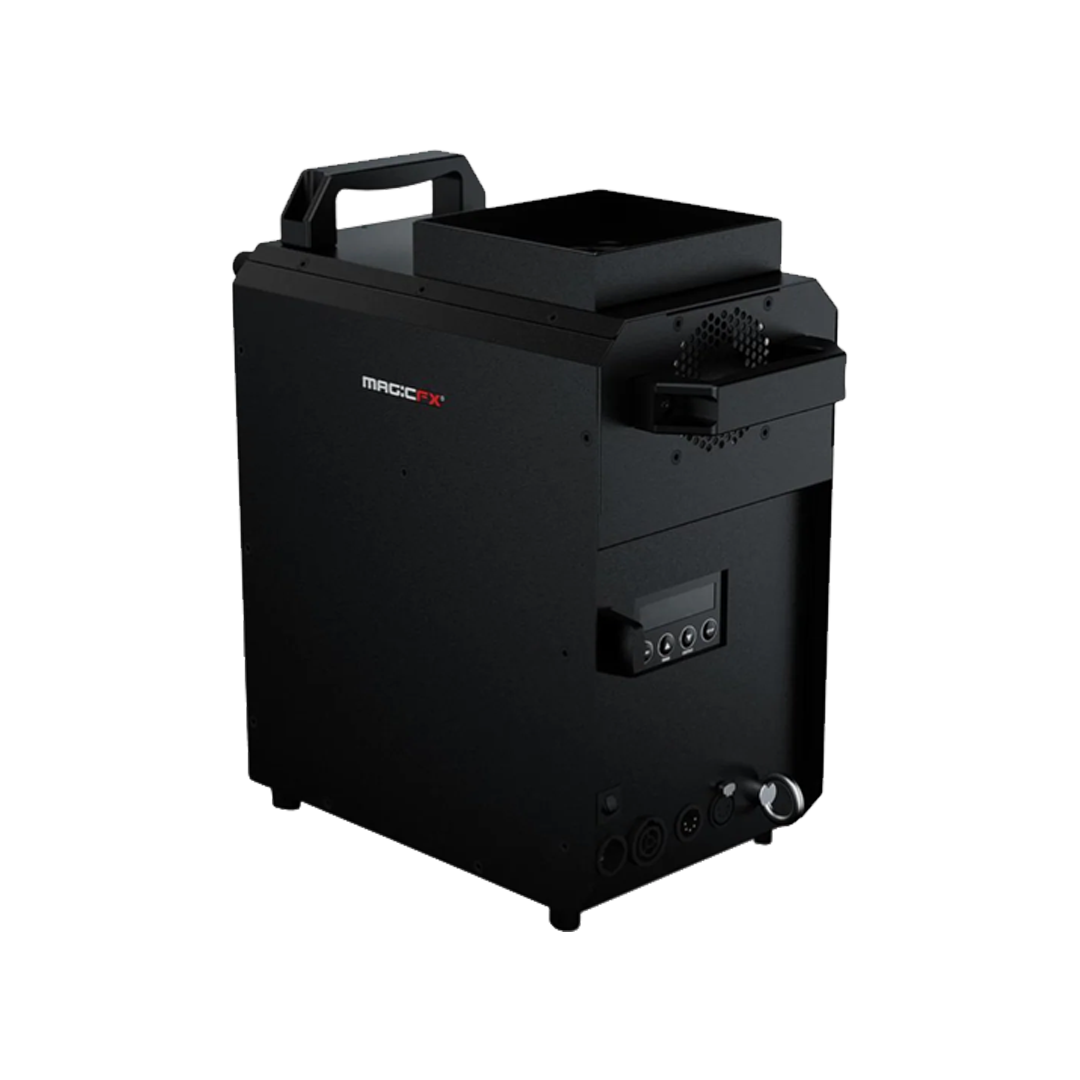 Black laser cutter machine with control panel and handle, labeled "MACH3FX".