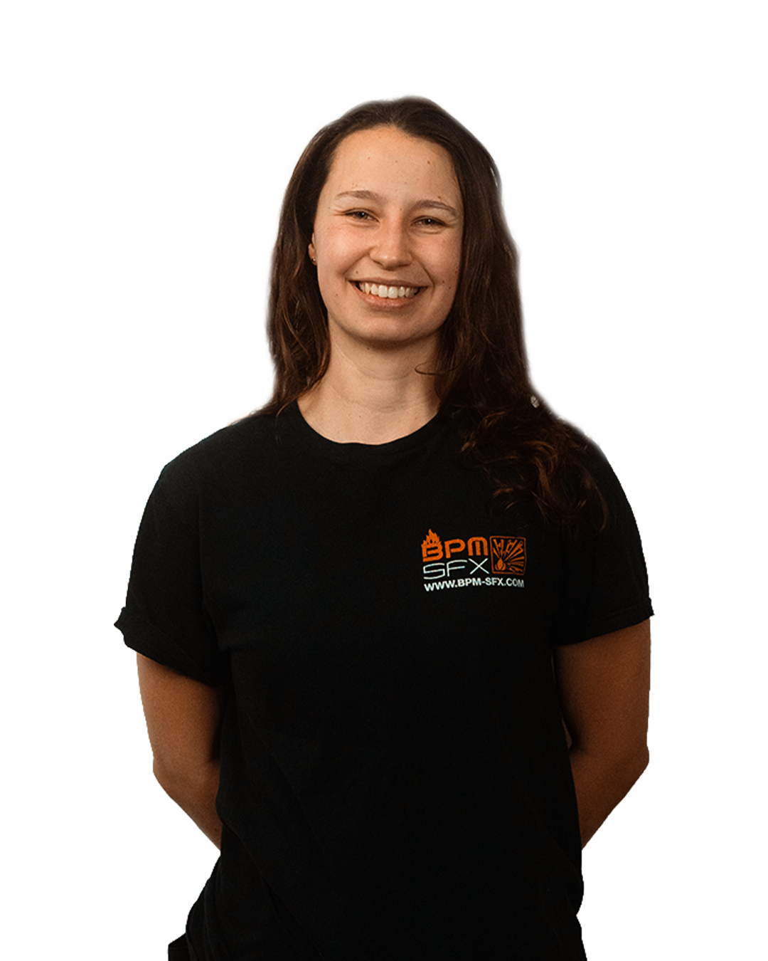 A young woman with shoulder-length brown hair smiling, wearing a black t-shirt with an orange logo that reads 'BPM SFX' and a website address underneath.