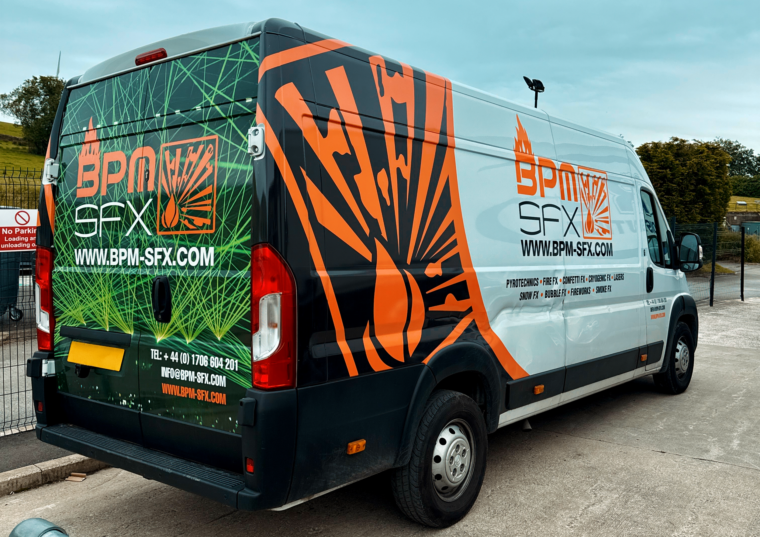 A white van with vibrant green and orange firework graphics and text promoting BPM SFX, a company specializing in pyrotechnics, fire effects, confetti, cryogenic effects, lasers, snow effects, bubble effects, firework displays, and smoke effects.