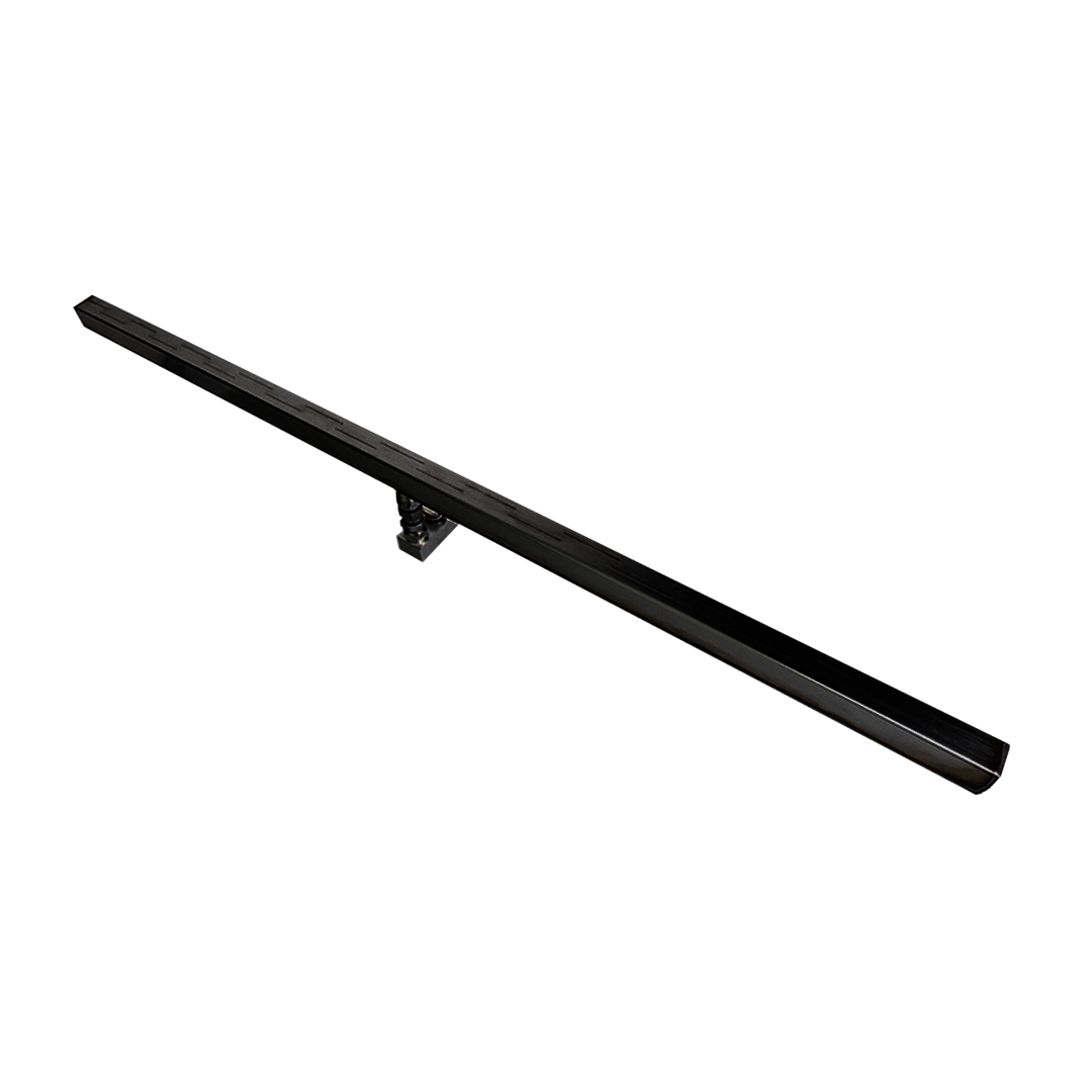 A flat black computer monitor with a slim profile, mounted on a black adjustable stand.