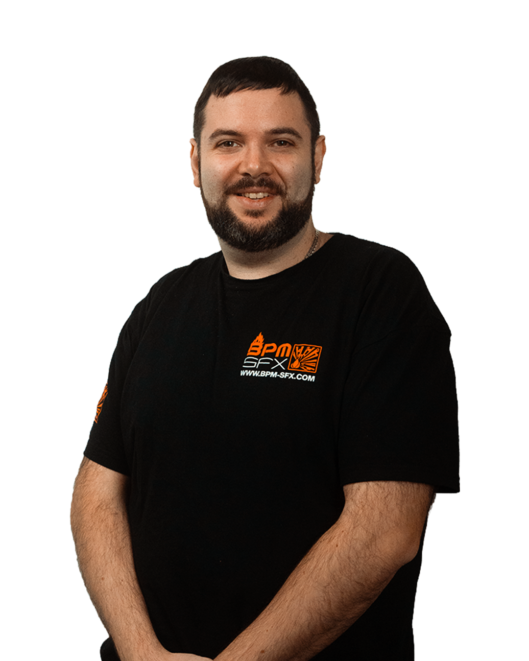 A man with a beard and short dark hair smiling, wearing a black t-shirt with orange and white logo and website that says 'BPM SFX' in front of a black background.