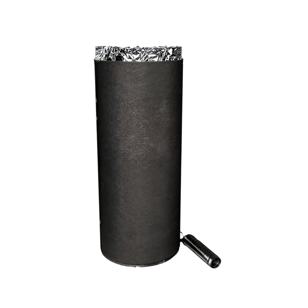 Black punching bag with a chain and a handle at the bottom, against a solid black background.