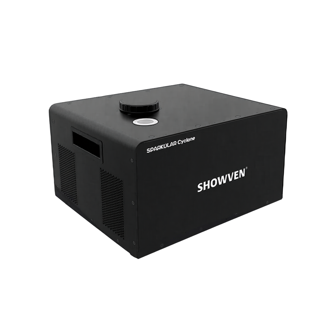 Black Sparkular Cyclone fog machine with Showven branding and control knob on top.