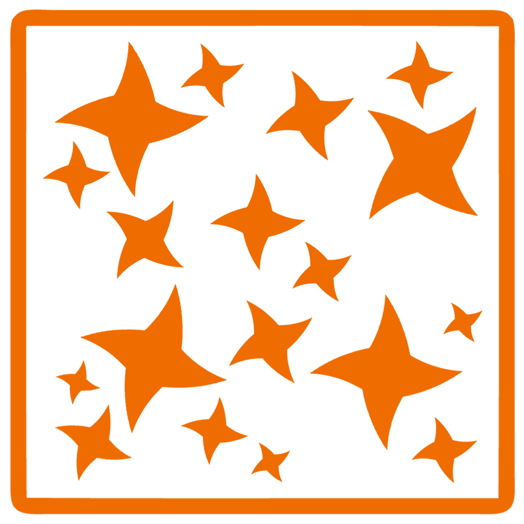 Abstract design of orange stars on a black background with an orange border.