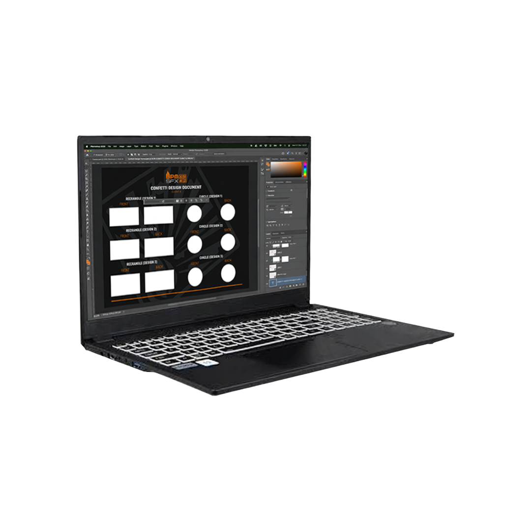 A black laptop displaying graphic design software with various labeled boxes and circles for editing, on a white background.