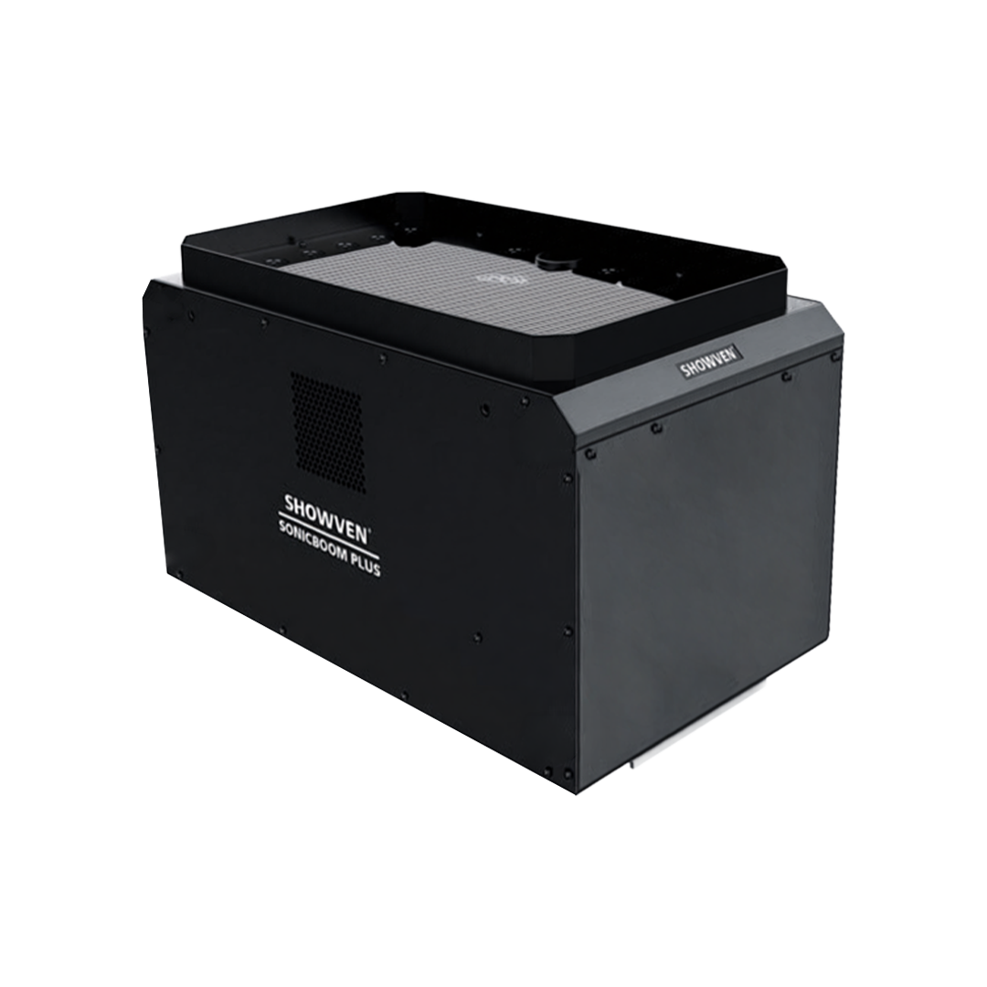 A black device labeled 'SHOWEN SONICBOOM PLUS' with a textured top surface and a vent on the side.