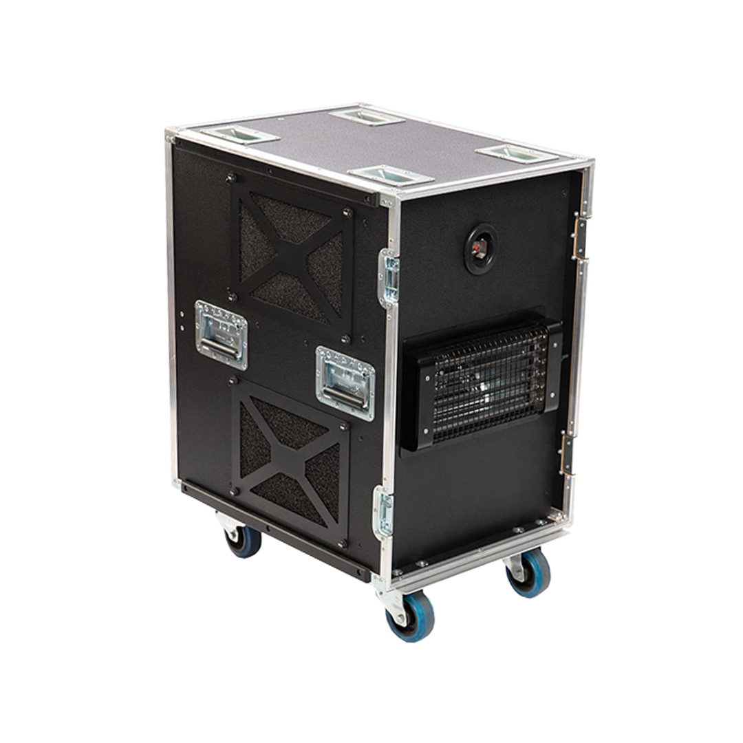 Portable black speaker or sound system on wheels with metal framing and vents.