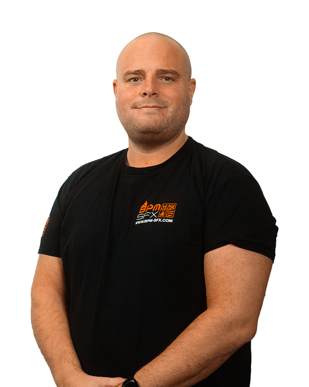 A man with a shaved head and light skin, wearing a black T-shirt with a logo that reads 'BPM SFX' and a website URL, posing with arms crossed against a transparent background.