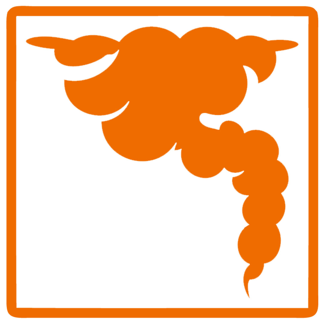 An orange warning sign featuring a stylized illustration of exhaust or smoke.