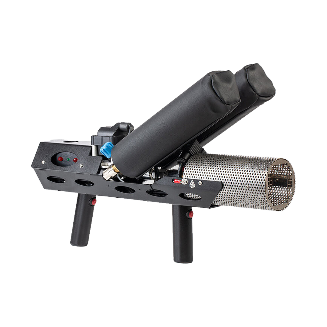A commercial massage gun with a black handle and a cylindrical metal head, mounted on a tripod stand.
