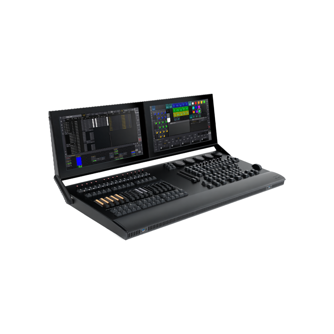 Digital mixing console with dual screens displaying music software interfaces.