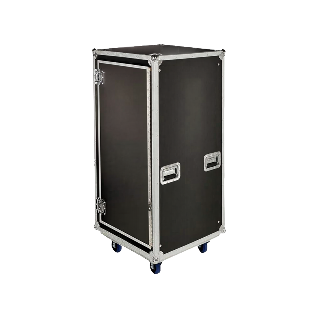 A black equipment case with silver metal edges and wheels.