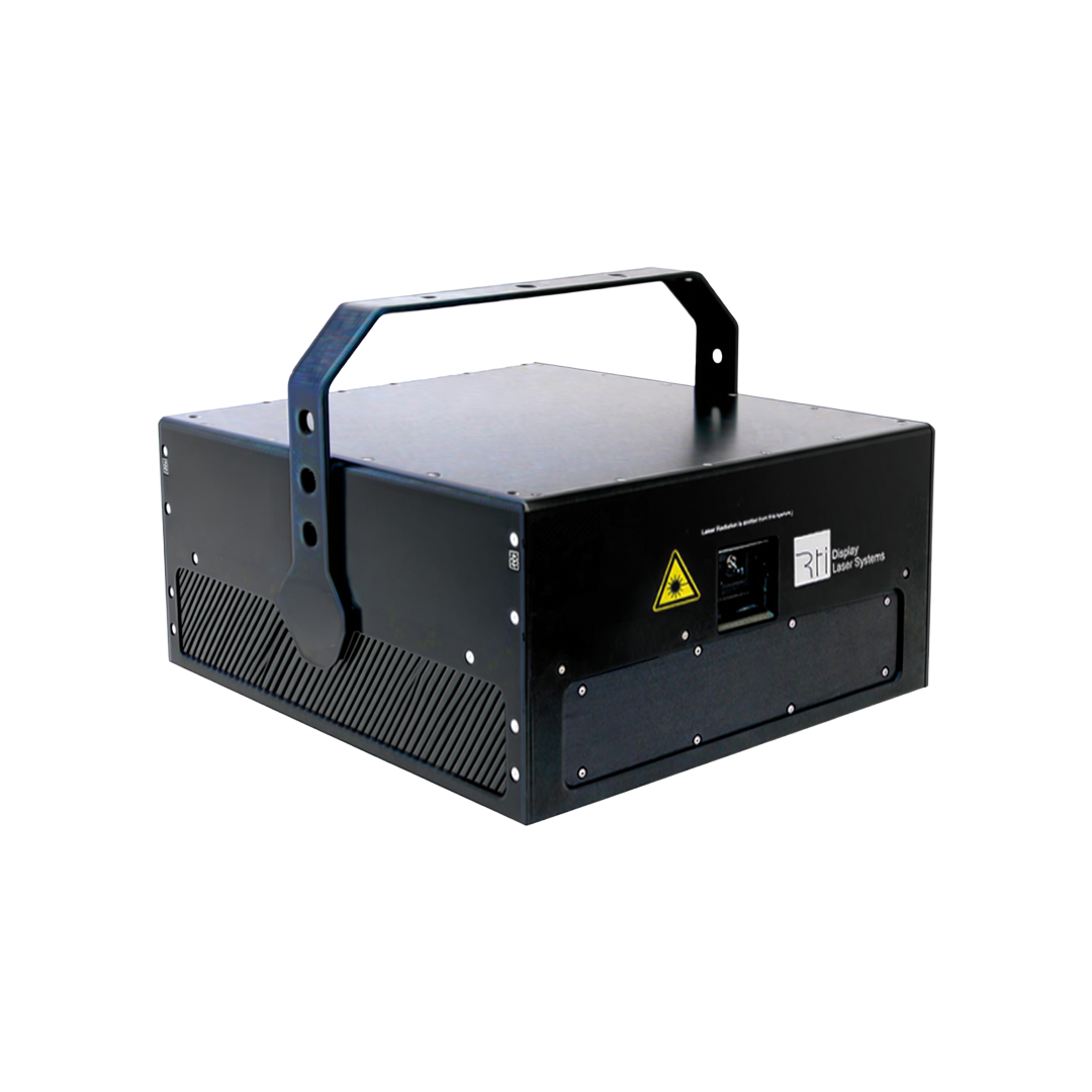 Laser projector with black housing and metal handle, display laser systems branding, caution laser warning sign visible.