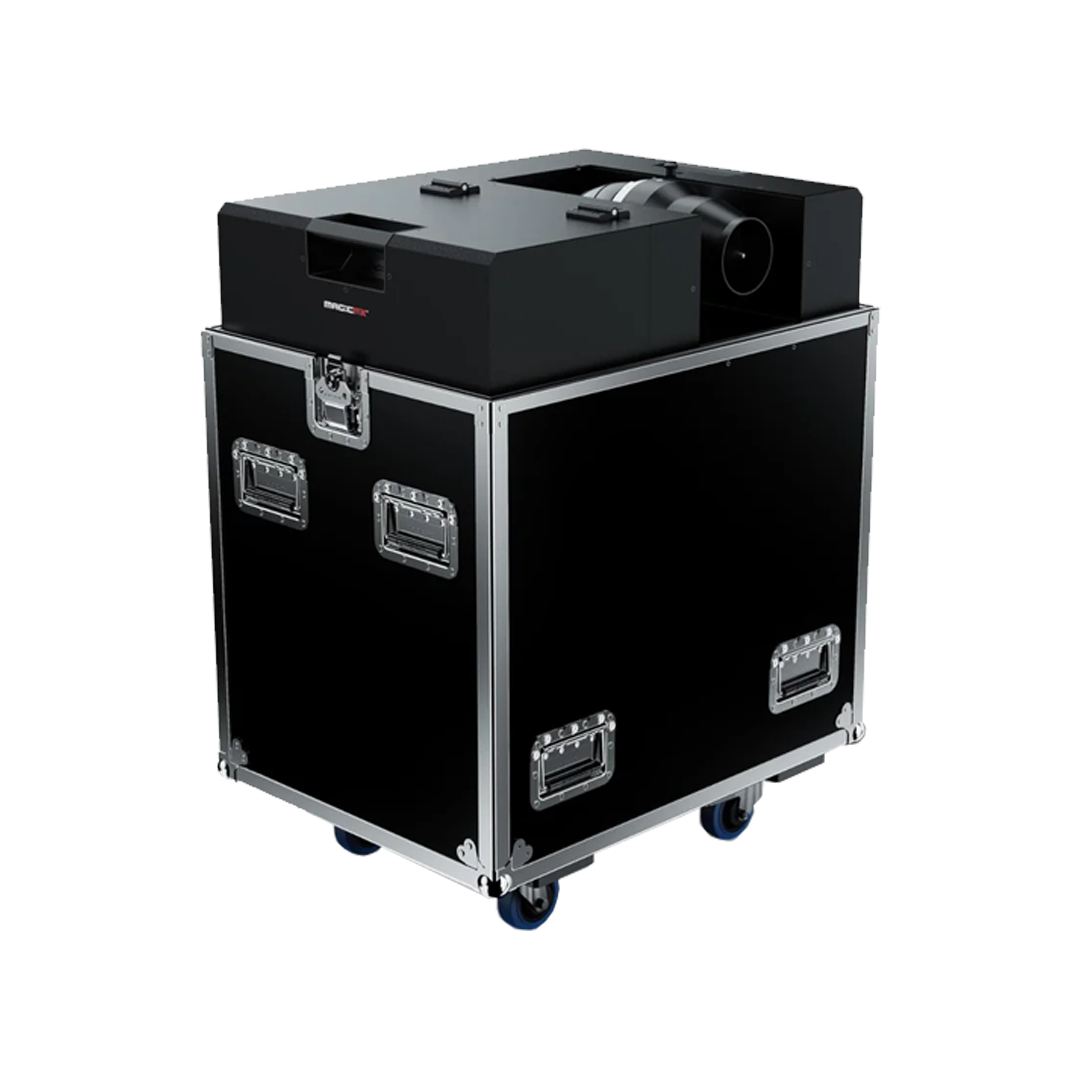 Black professional laser projector on a flight case with wheels