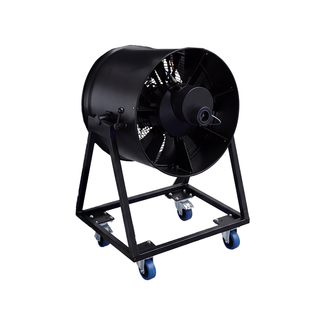 Black industrial fan on a rolling stand with four blue casters.