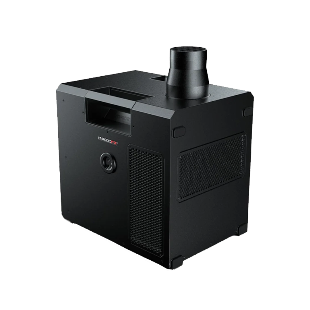 A black portable air purifier with a vent and a cylindrical exhaust pipe on top.