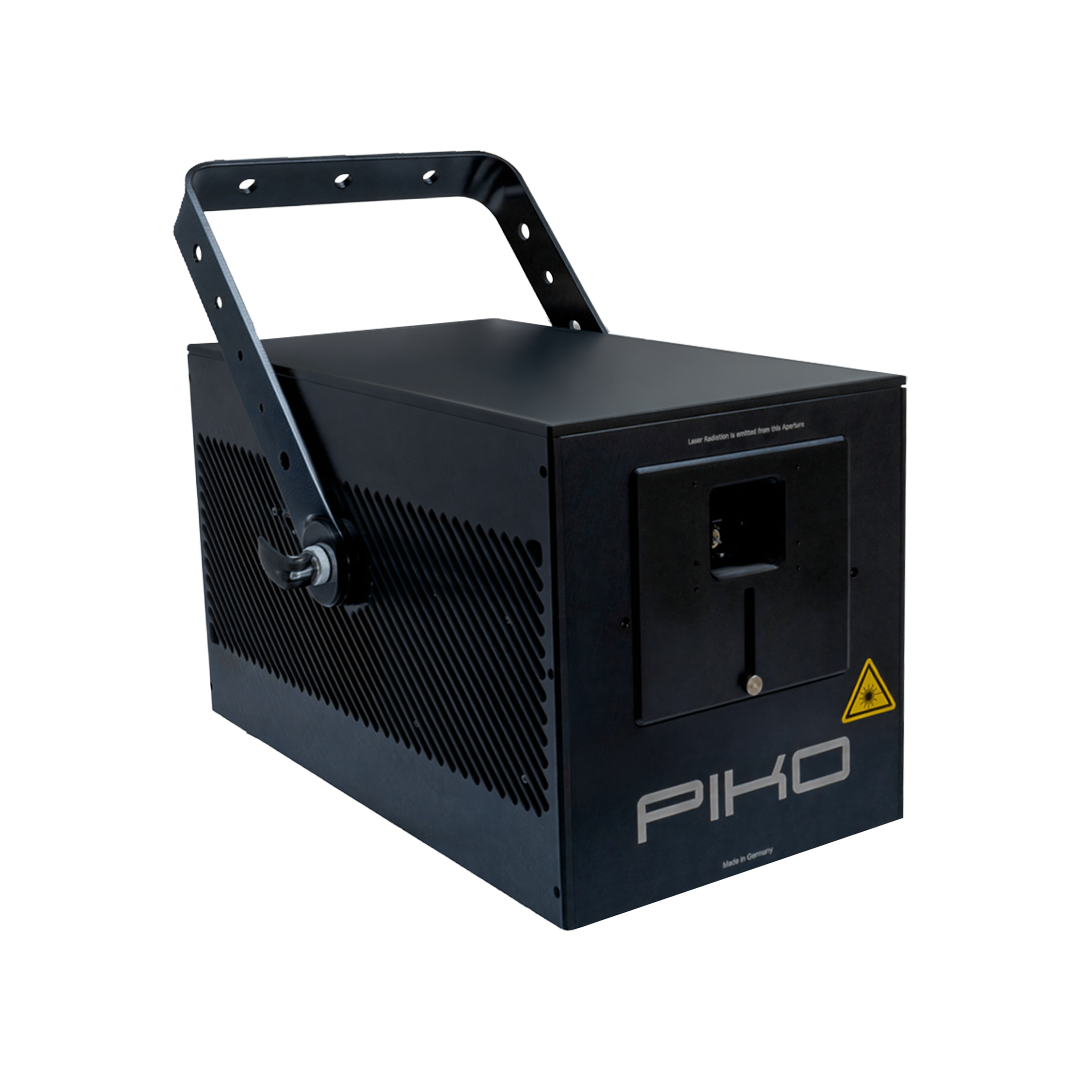 Black laser engraving machine with a handle and a yellow laser warning sign, labeled 'PIXO' and 'Made in Germany'.