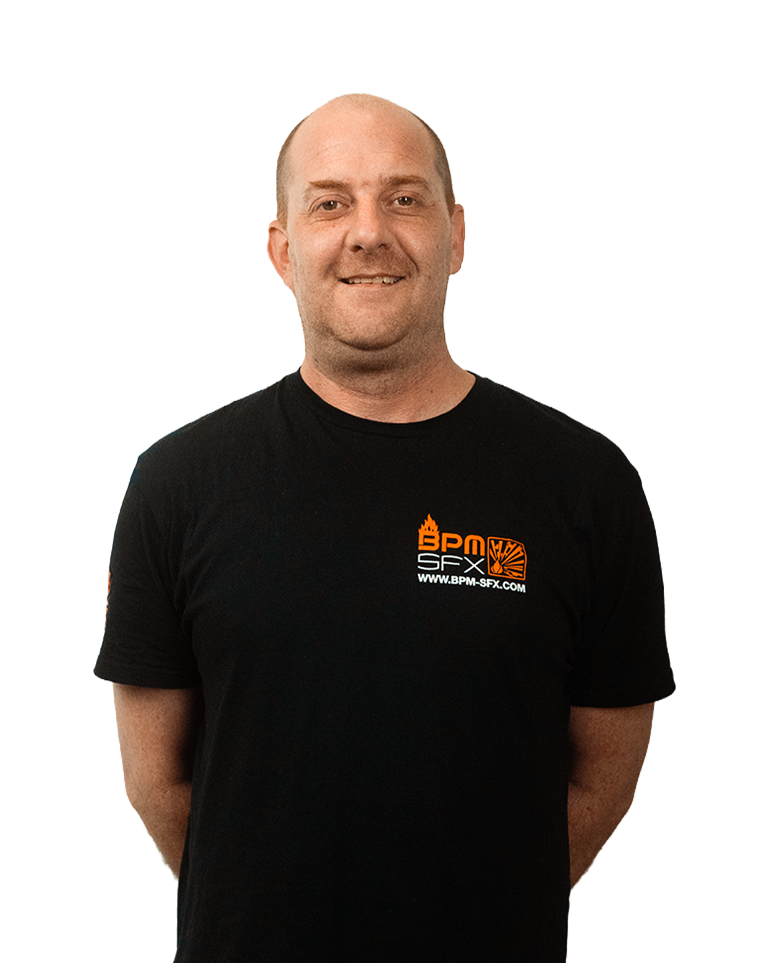 A smiling man wearing a black t-shirt with an orange and white logo that says BPM SFX and the website URL bpm-sfx.com, standing against a plain background.