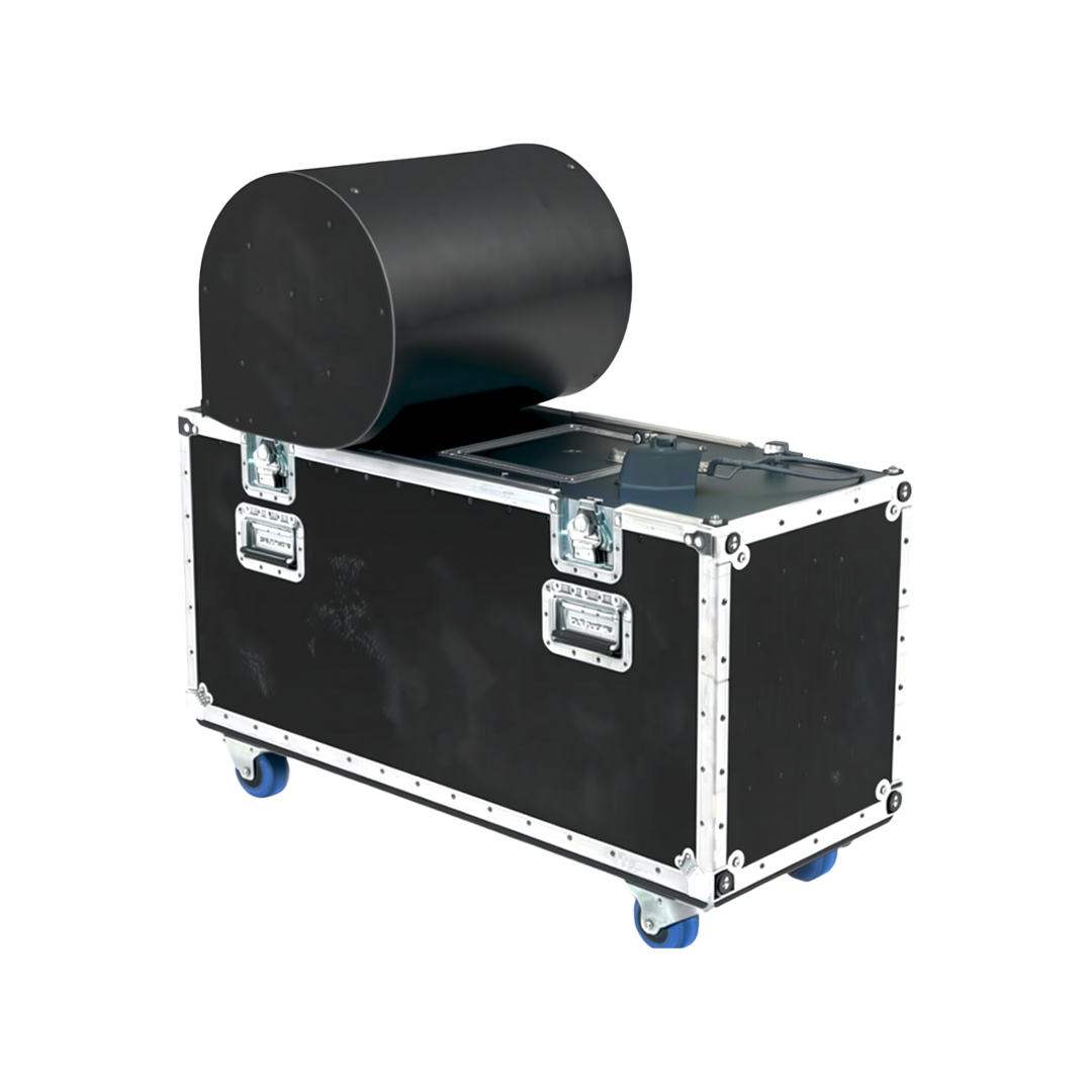 A black cylindrical component attached to a black and silver cart with wheels, likely used for technical or industrial purposes.