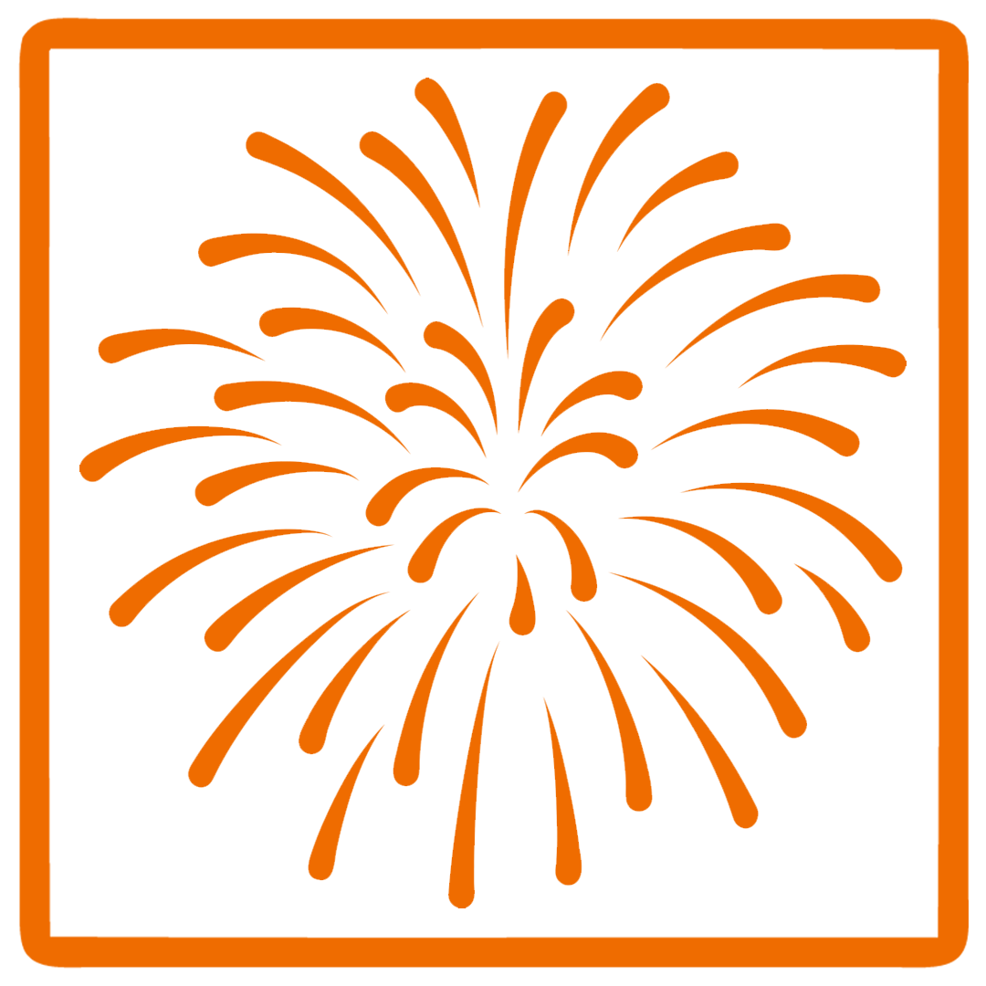 Firework explosion icon with orange lines on a black background, enclosed in an orange square border.