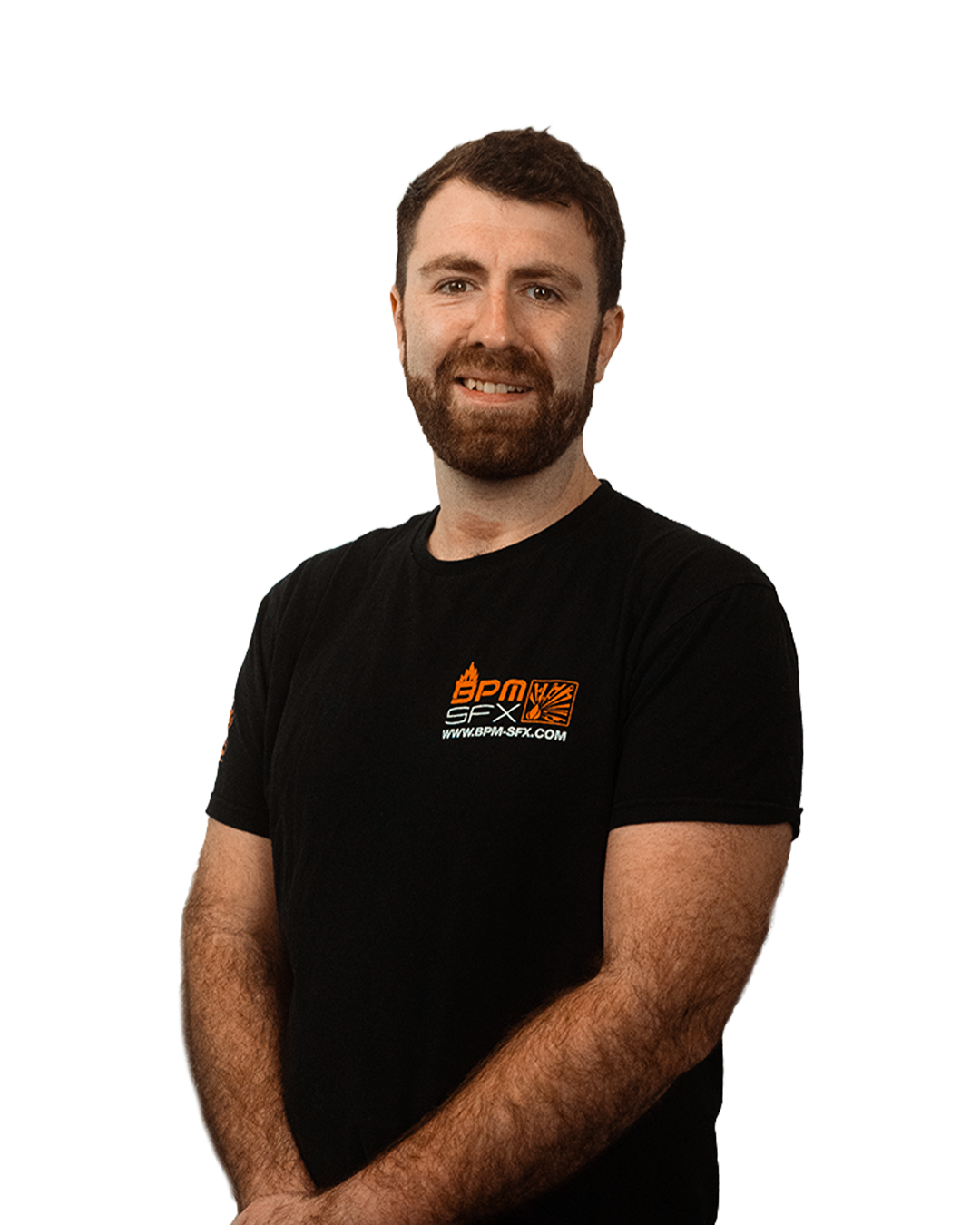 A man with a beard and short brown hair, wearing a black t-shirt with the BPM SFX logo, standing with arms crossed and smiling.
