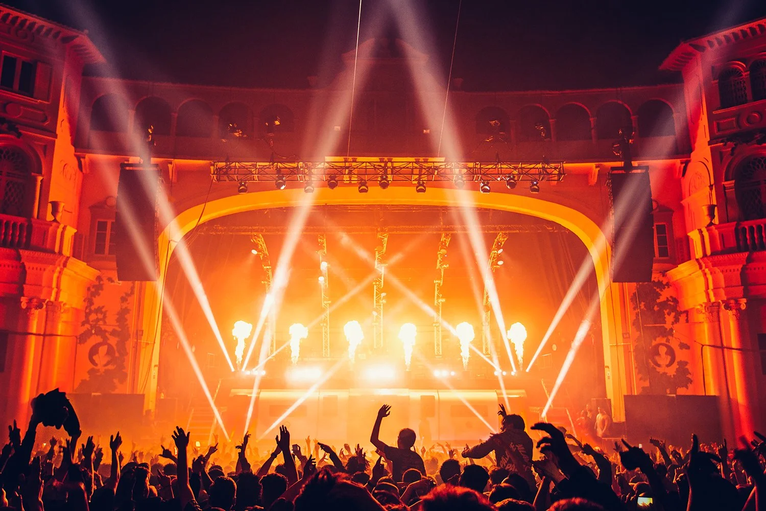 Concert scene at night with stage lights, flames, and a large crowd dancing and raising hands.