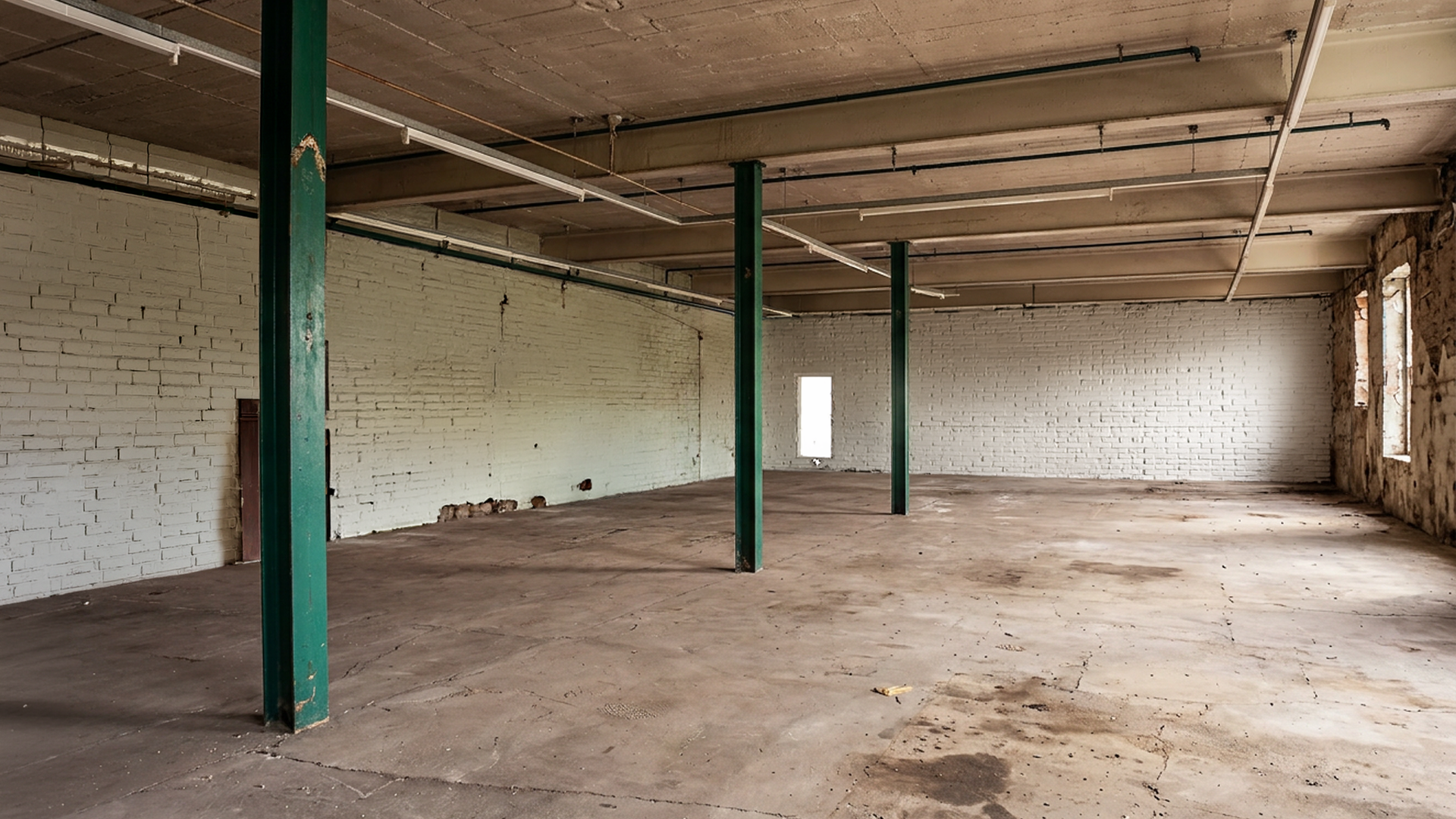 Empty, unfinished interior space with white brick walls, exposed ceiling beams, and green support poles.