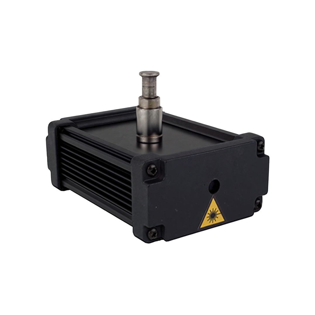 A black laser module with a warning laser caution sign on one side and a metal mounting pin on top.