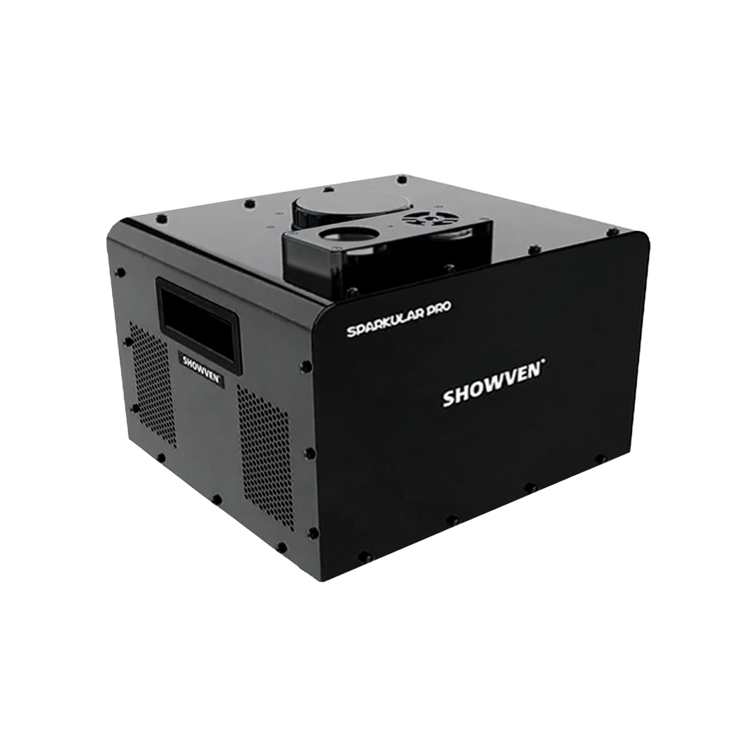 A black Showven Sparkular Pro machine, used for creating pyrotechnic effects in entertainment and stage performances.