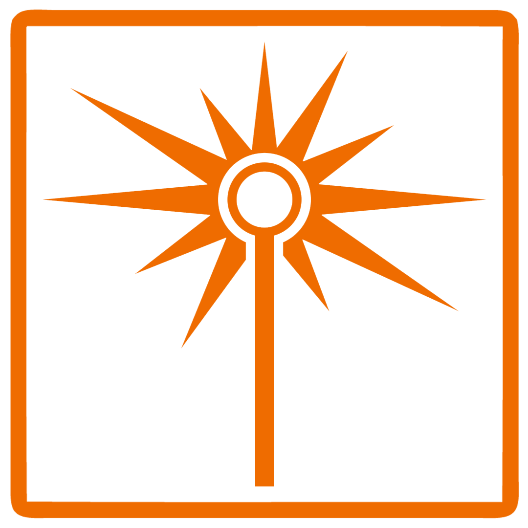 Hazardous material warning sign with an orange starburst symbol and a cylindrical container in the center, outlined in orange.
