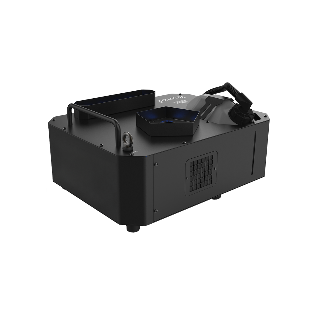 Black electronic device with vents, handles, and a curved tube, likely a piece of specialized equipment or machinery.