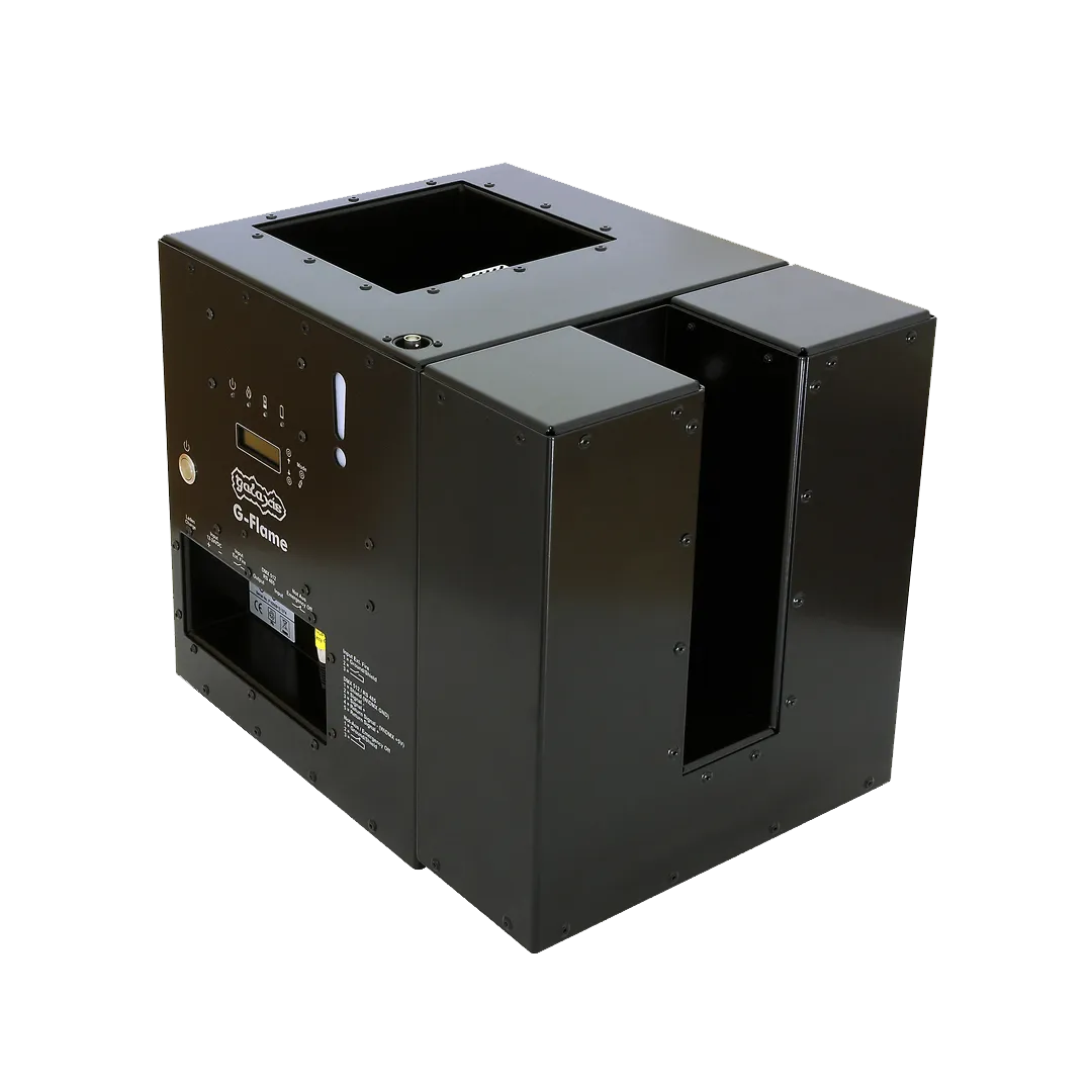 A black laser engraving machine with open compartments and control panel.