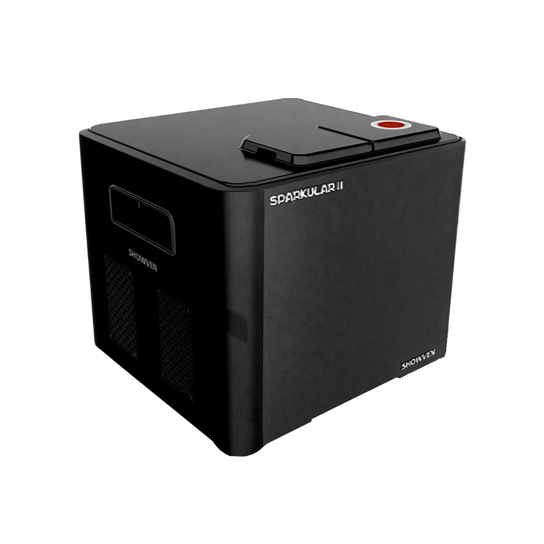 A black compact office or personal air purifier with brand labels 'SHOWIVEN' and 'SPARKULAR II' on a dark background.