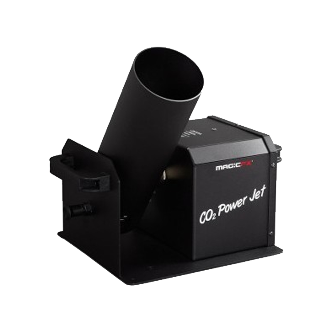A CO2 laser engraver with a black cylindrical barrel and a black rectangular base labeled 'CO2 Power Jet' and 'MagicFX' on the side.