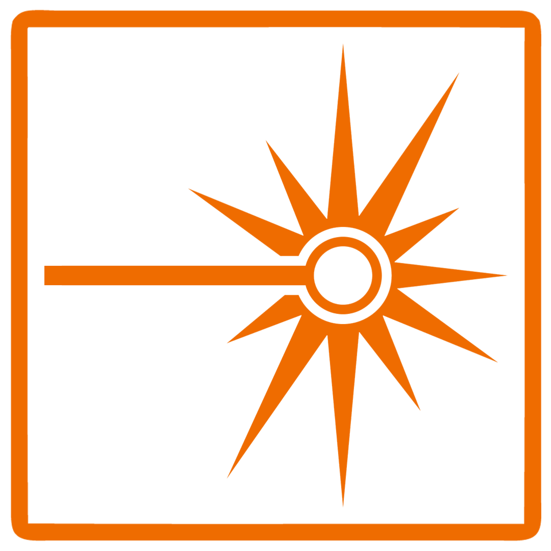 A safety or warning sign with a black background, an orange border, and an orange symbol of a laser or light beam emanating from a circle.