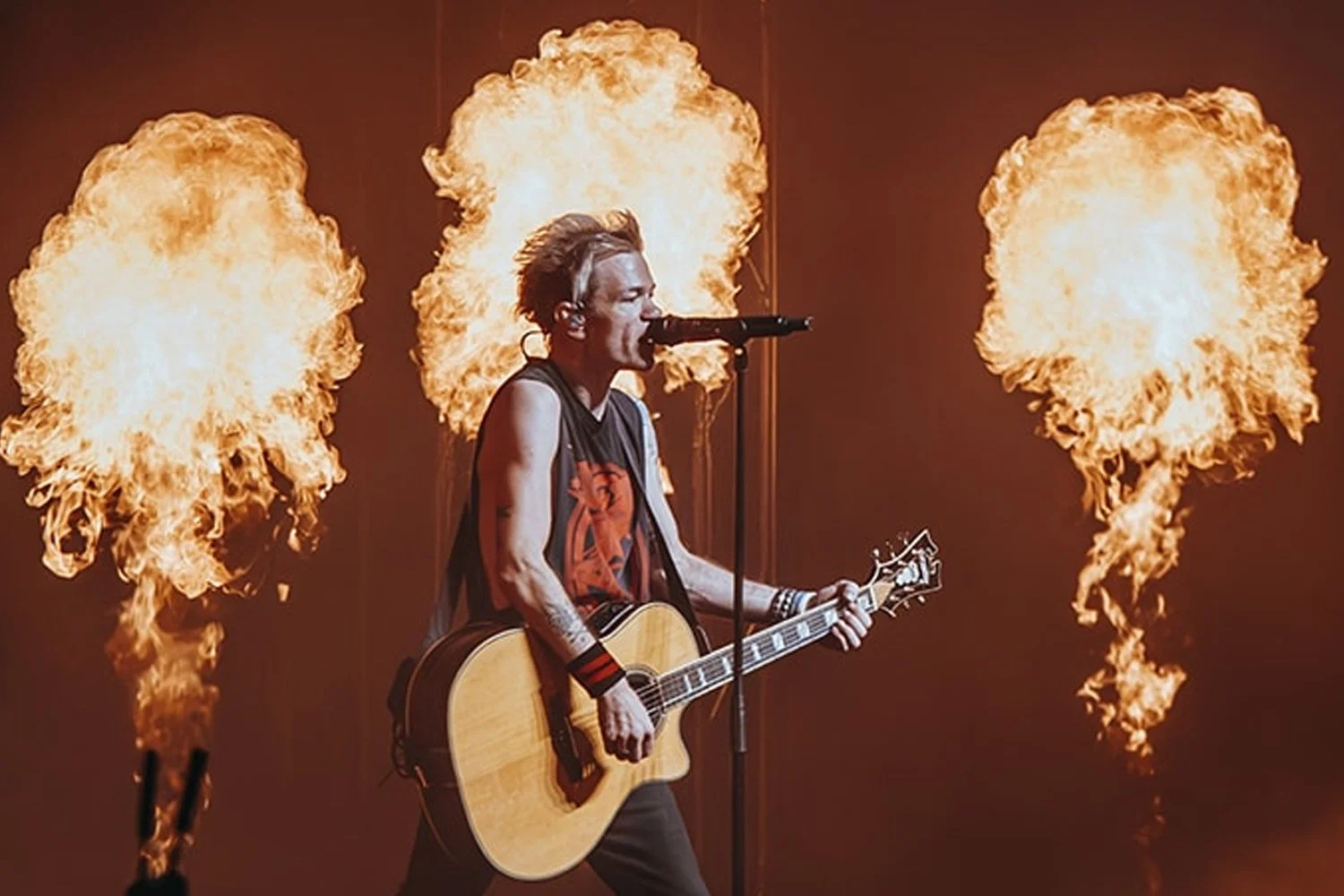 A male musician performing on stage with fire explosions behind him, playing an acoustic guitar and singing into a microphone.