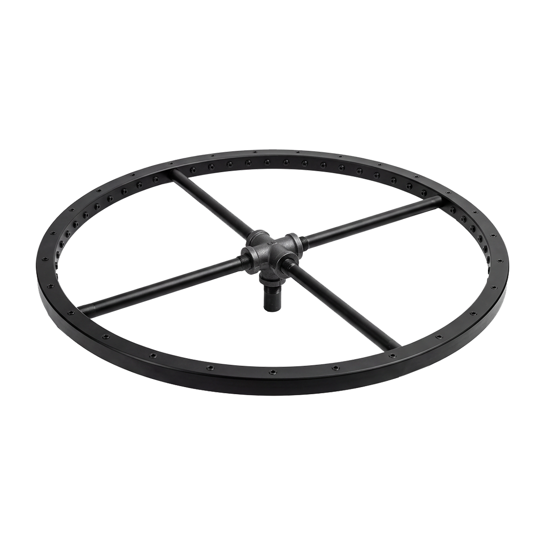Black circular radar antenna with four supporting arms, mounted on a central hub.