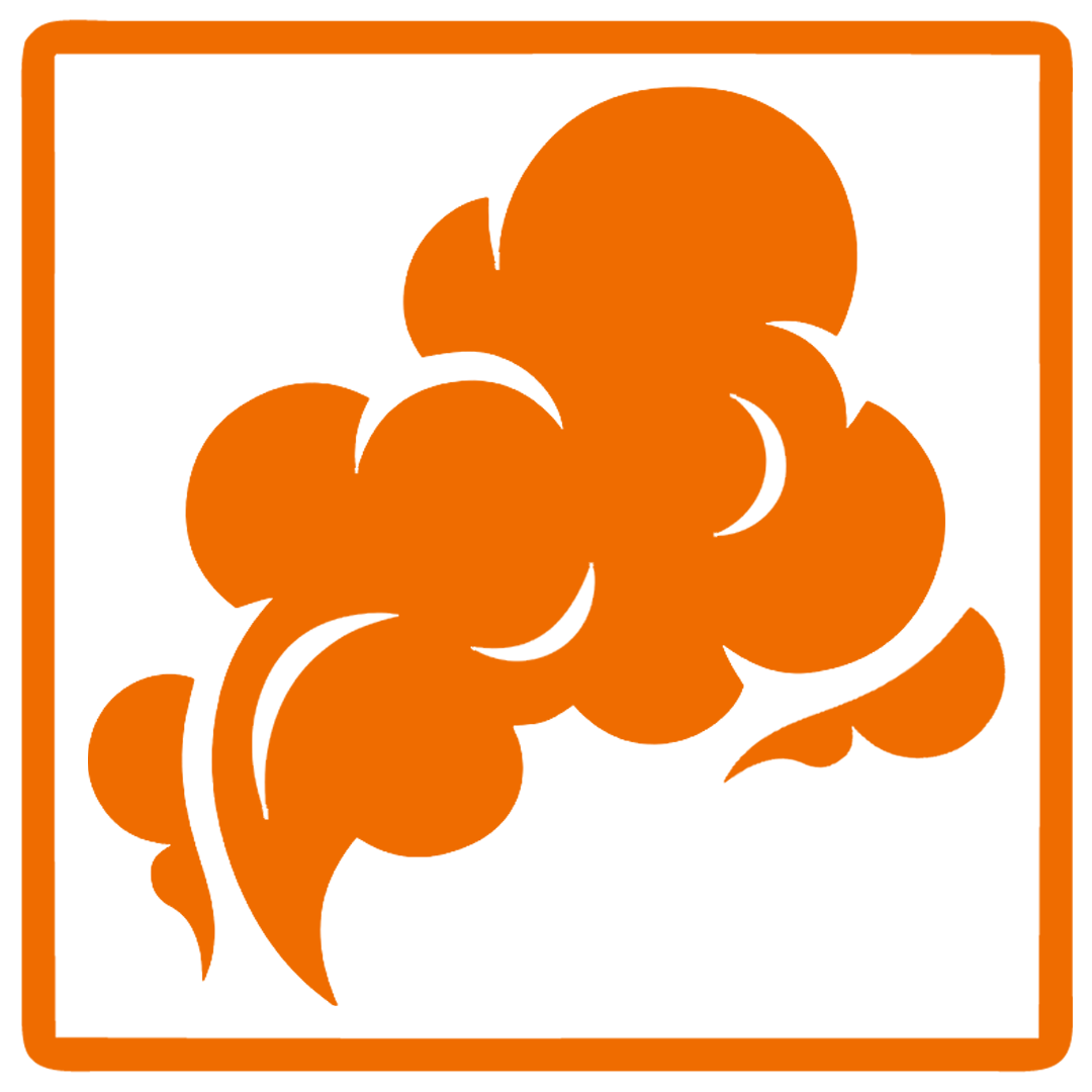 Orange explosion or smoke cloud inside a black square with an orange border.