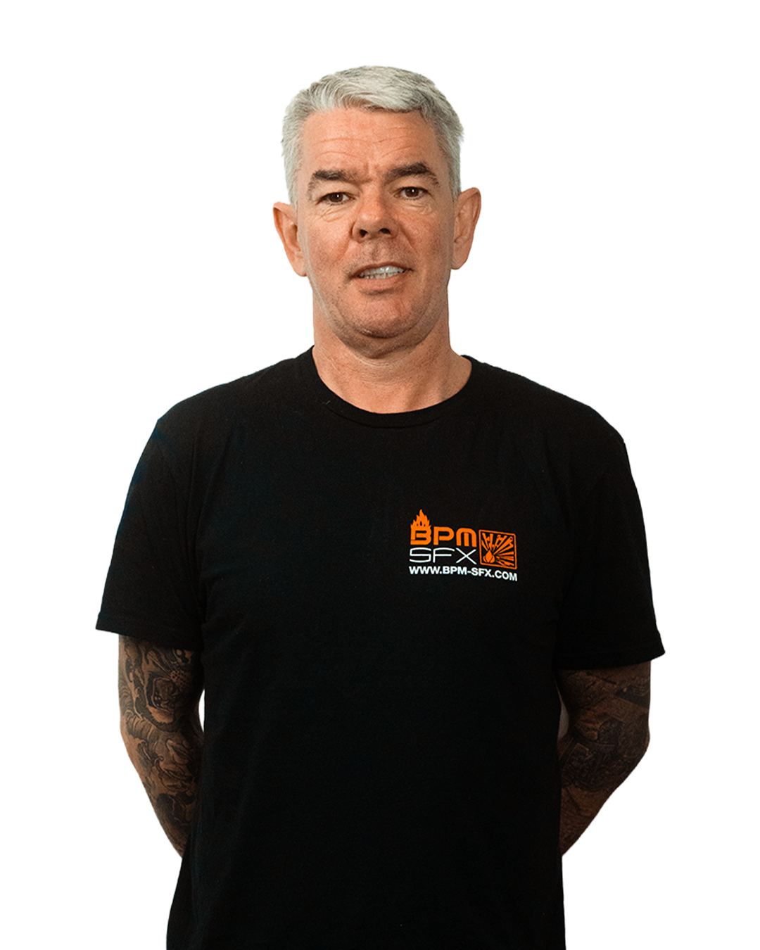 A man with gray hair and tattoos on his arms wearing a black t-shirt with 'BPM SFX' logo