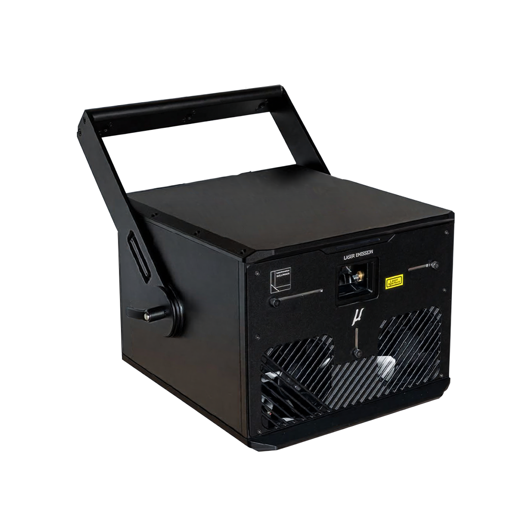 Black laser scattering device with a handle on top and ventilation grilles at the front.