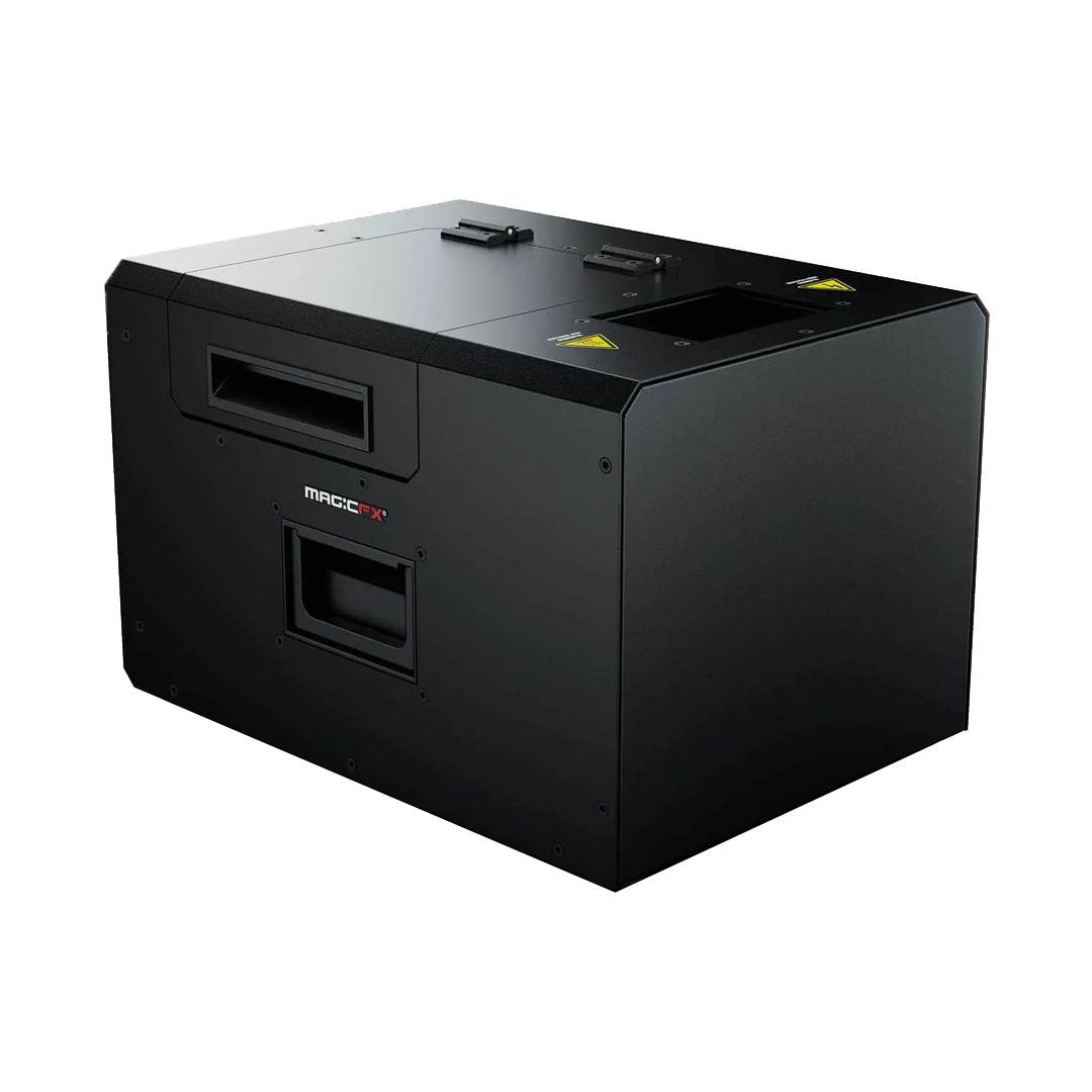 A black MagicFX fog machine with a rectangular shape, featuring vents and control panels on the top and front surfaces.