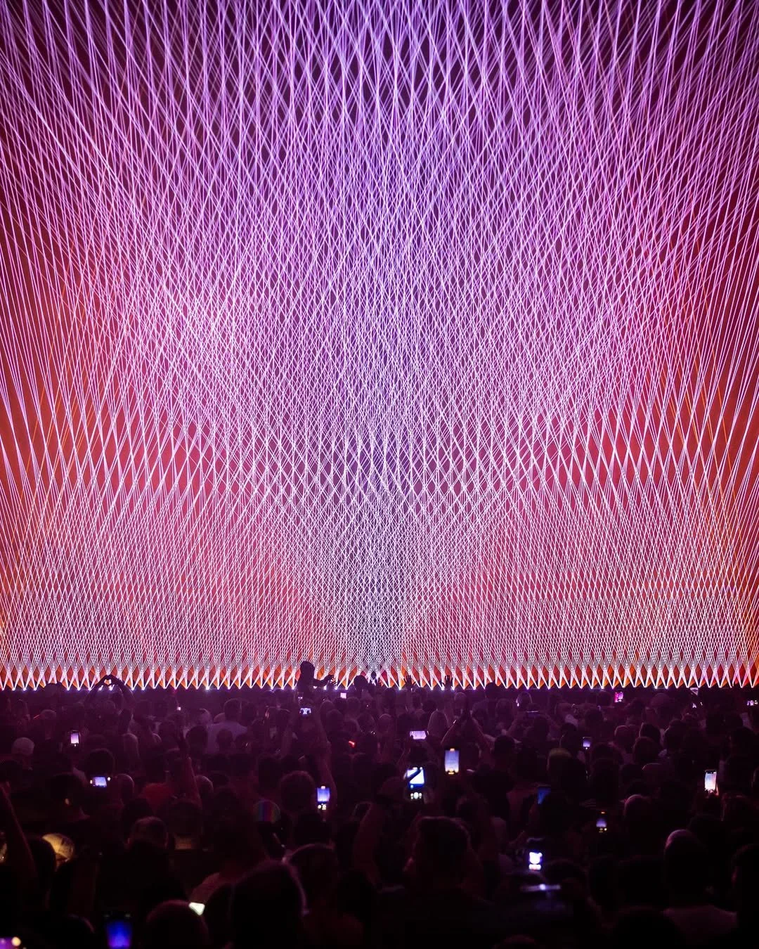 Large audience watching an immersive digital light show with pink and purple geometric patterns projected on a wall.