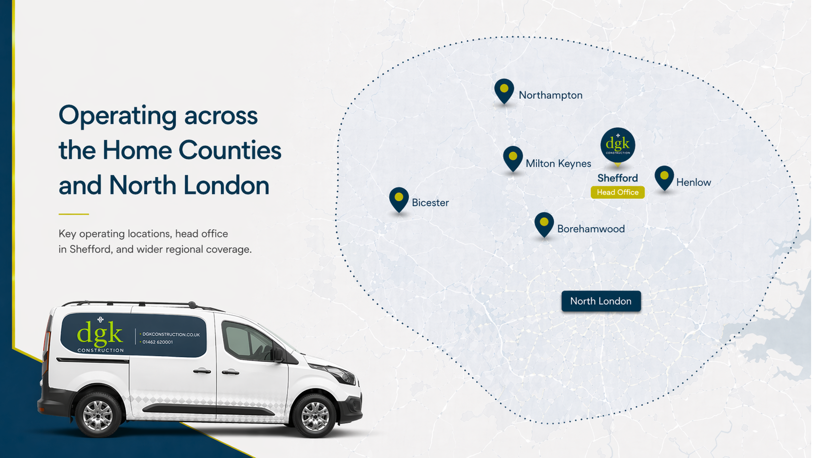 Map showing the locations of DGK Construction operating across the home counties and North London, including Northampton, Milton Keynes, Bicester, North London, Henlow, and Borehamwood, with the head office in Shefford. A white DGK Construction van with green logo is depicted in the bottom left corner.