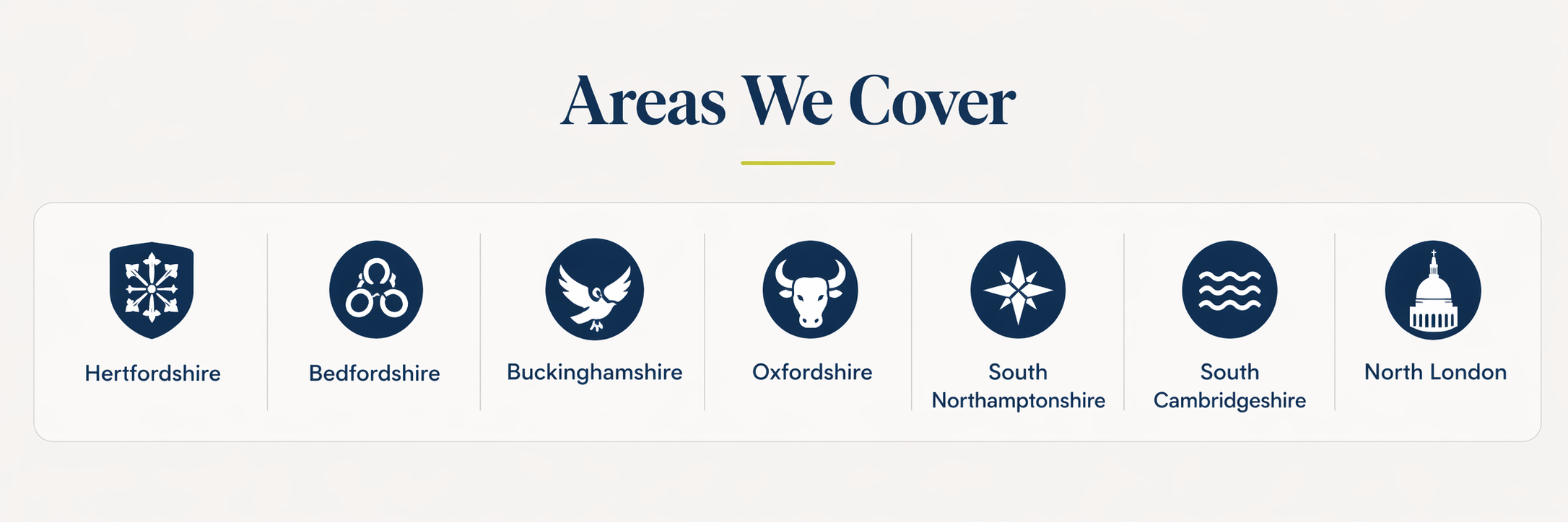 Icons representing different areas covered, including Hertfordshire, Bedfordshire, Buckinghamshire, Oxfordshire, South Northamptonshire, South Cambridgeshire, and North London.